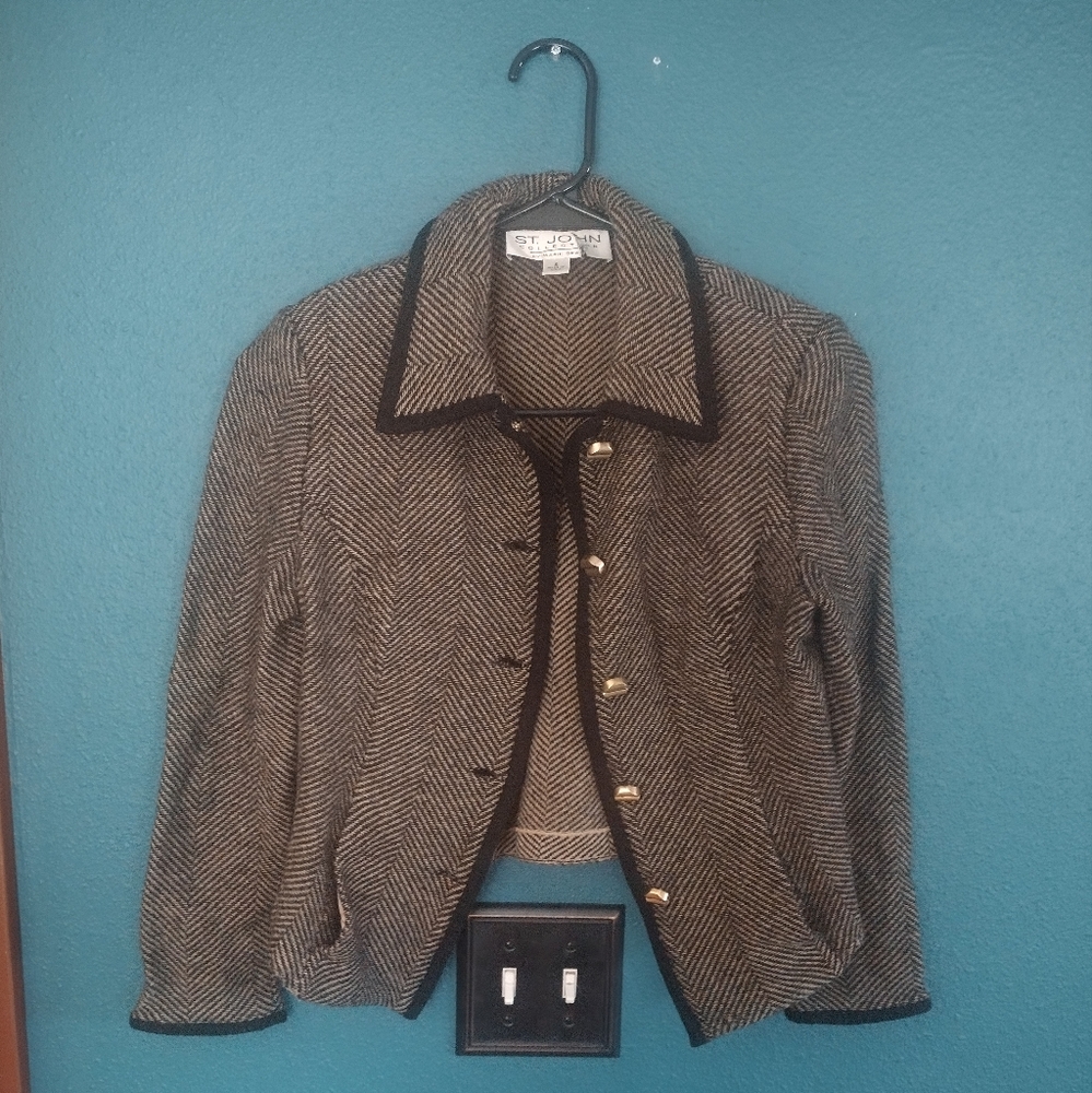St. John Collection Black and Brown Herringbone Blazer